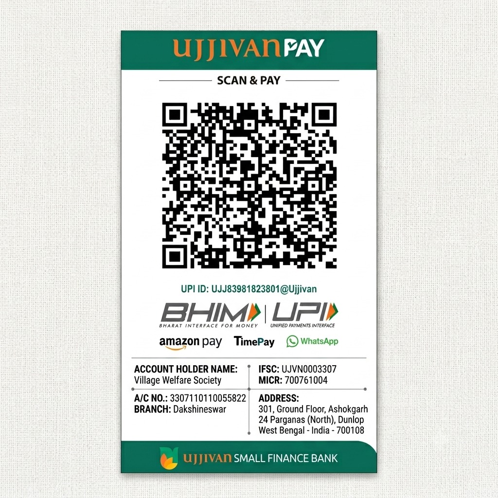 Village Welfare Society Ujjivan Pay scanner with donation QR code and payment details